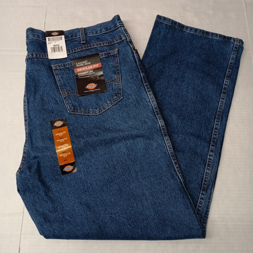 Dickies Denim Work Jeans Men's 46x34 Blue Regular Fit Straight Leg‎ 5 Pockets